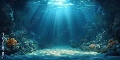 A blue ocean with a bright sun shining on the water