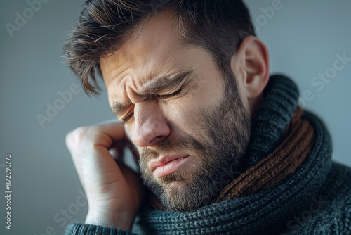 Young man with ear pain wearing a scarf