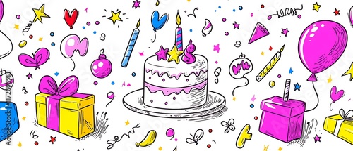 Festive birthday cake with gifts, balloons, and confetti; hand-drawn doodle style illustration.