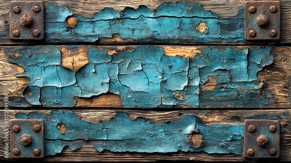 Weathered Wooden Planks With Peeling Blue Paint And Metal Fasteners Weathered Wooden Planks With Peeling Blue Paint And Metal Fasteners