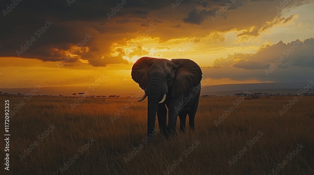 Naklejka premium An elephant stands majestically against a dramatic sunset in a vast savanna landscape.