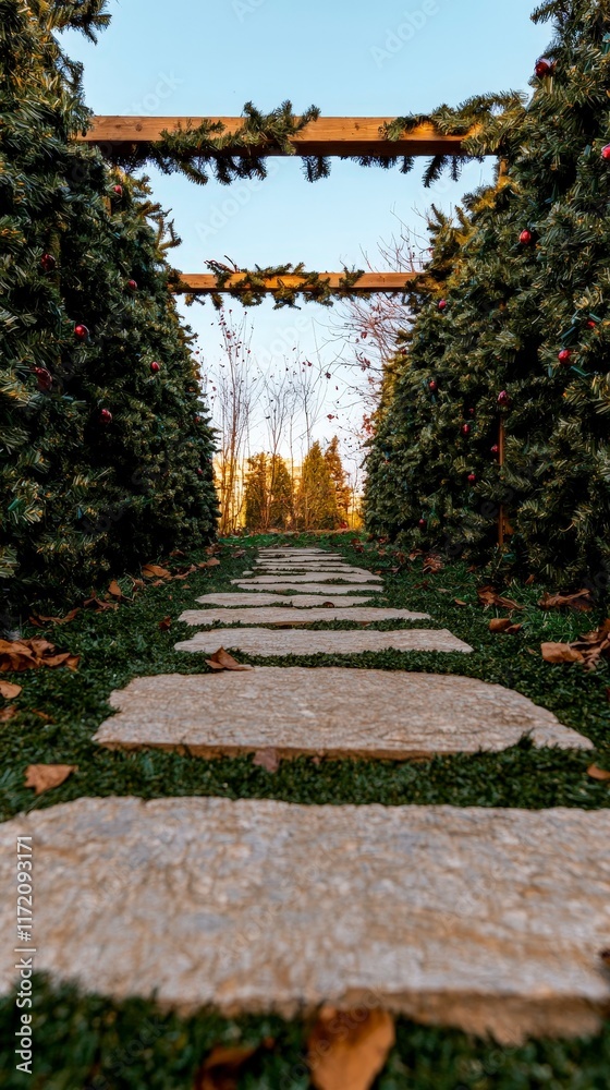 Fototapeta premium Festive Stone Pathway Through Christmas Trees Winter Wonderland Scene Holiday Decor