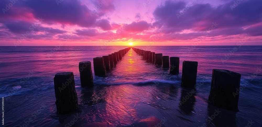 Fototapeta premium long wooden pier with ropes leading to the water, with an old sailing ship at its end against a pink and purple sky