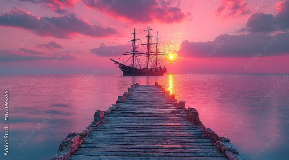 Fototapeta premium long wooden pier with ropes leading to the water, with an old sailing ship at its end against a pink and purple sky