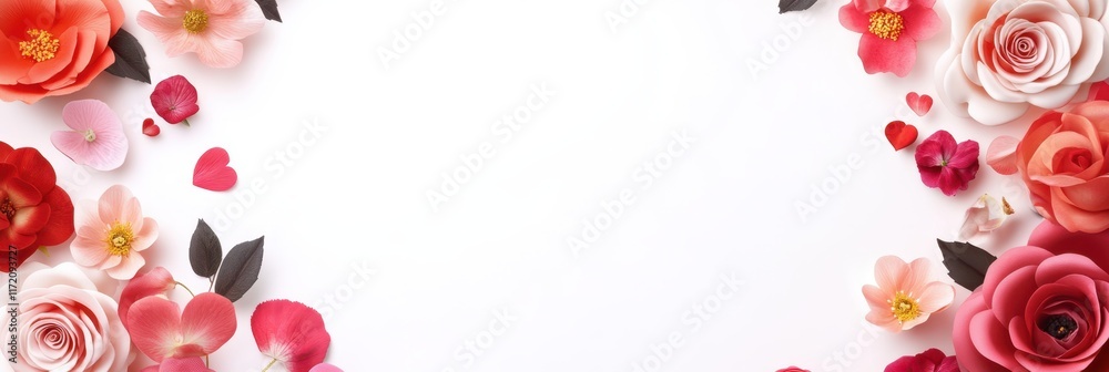 A delicate arrangement of paper flowers and leaves on a pristine white background, perfect for celebrating love on Valentine's Day. A delicate arrangement of paper flowers and leaves on a pristine white background, perfect for celebrating love on Valentine's Day.