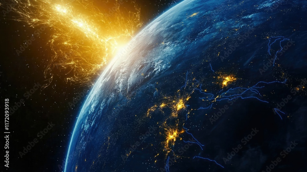 Obraz premium Close-up of Earth with magnetic field lines illustrated in blue, deflecting yellow solar flare particles in space