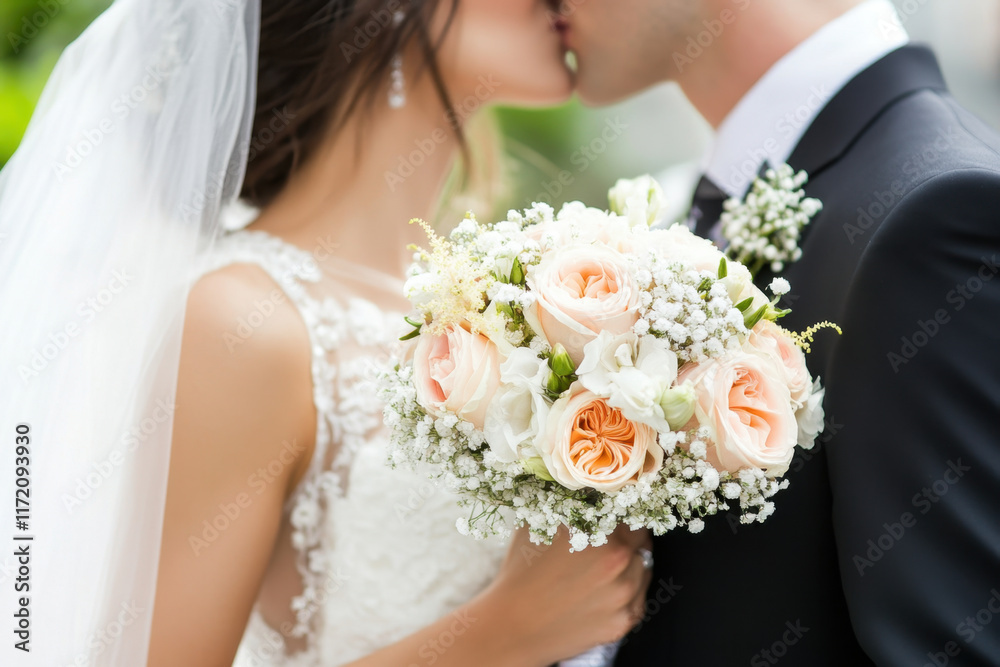 Naklejka premium close up of bride and groom sharing kiss, showcasing bride elegant bouquet of soft colored roses and delicate flowers, capturing romantic moment