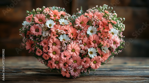 Heart shaped floral arrangement featuring pink and white flowers, beautifully crafted with delicate details. This stunning display evokes feelings of love and joy, perfect for any occasion