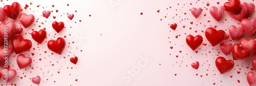 Floating red hearts adorn a pristine white background, creating a romantic and festive atmosphere perfect for Valentine's Day celebrations.