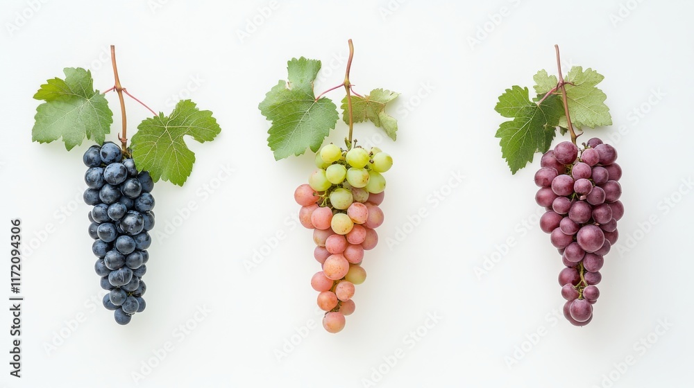Fototapeta premium 25.Three different types of Japanese grapes displayed on a white background, each variety showing unique characteristics with hues ranging from deep purple to light green and pink; the clean