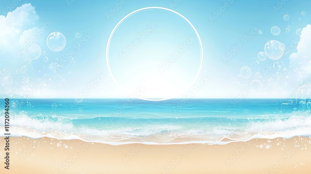 A serene beach scene with gentle waves, bubbles, and a bright sun in a clear sky. A serene beach scene with gentle waves, bubbles, and a bright sun in a clear sky.
