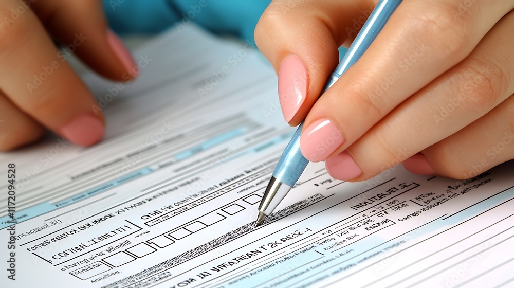 Close-up of female hands filling out a form with a pen. Close-up of female hands filling out a form with a pen.
