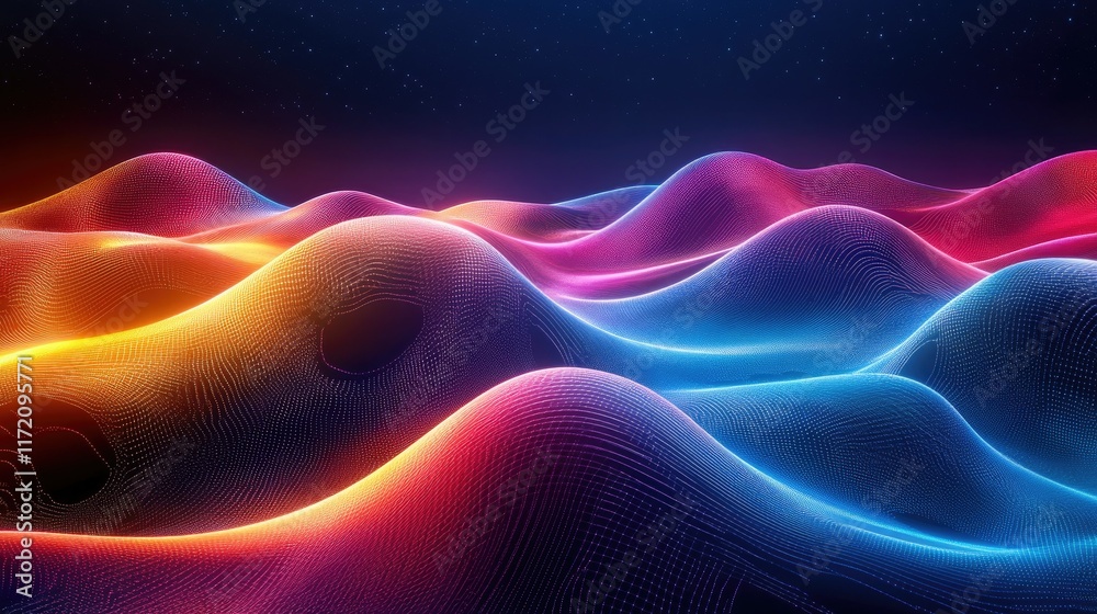 Gravity fields visualized as swirling, radiant waves with a neon color palette and soft glowing effects in a futuristic setting. Gravity fields visualized as swirling, radiant waves with a neon color palette and soft glowing effects in a futuristic setting.