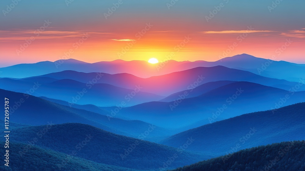 Obraz premium Majestic Sunrise over Blue Mountain Ridges with Soft Hues of Orange, Pink, and Purple Illuminating Serene Landscape