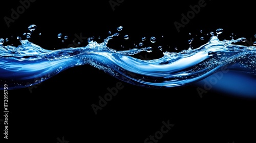 Side view of flowing liquid gradients blending seamlessly with copyspace and shimmering reflections. 
