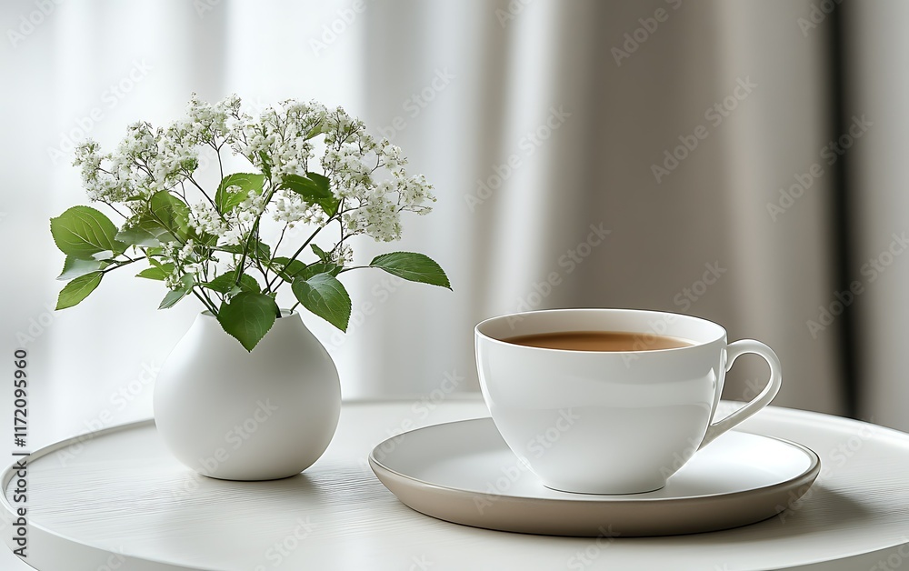 Coffee cup and flowers on table near window. Coffee cup and flowers on table near window.