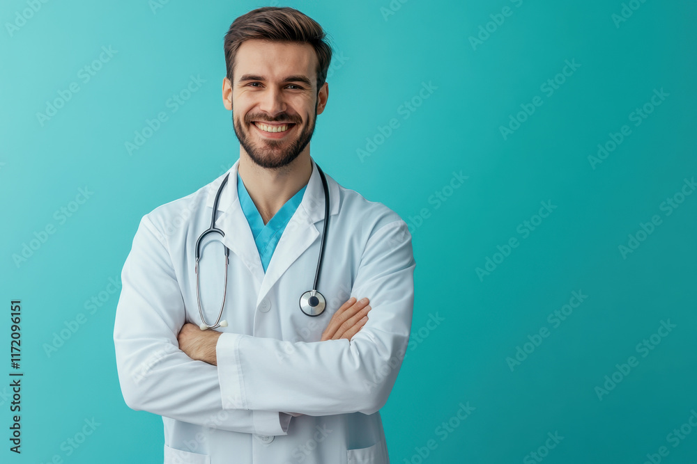 smiling man in white medical coat with stethoscope, exuding confidence and professionalism. He stands against teal background, embodying positive healthcare atmosphere smiling man in white medical coat with stethoscope, exuding confidence and professionalism. He stands against teal background, embodying positive healthcare atmosphere