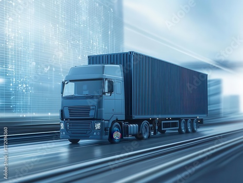 A sleek blue truck in motion on a futuristic road, symbolizing efficiency and speed in modern transportation. Cargo management shipment efficiency concept. photo