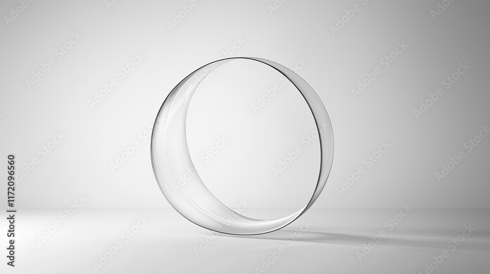 A sleek, transparent circular sculpture stands on a minimalistic surface, emphasizing simplicity.
