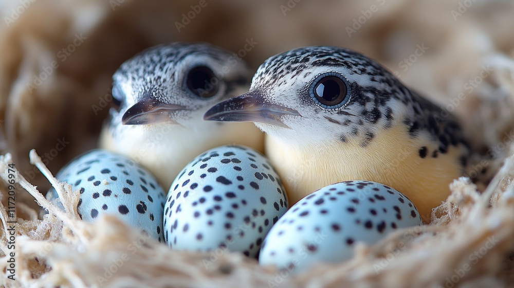 Obraz premium Baby birds in nest with eggs; close-up view; nature