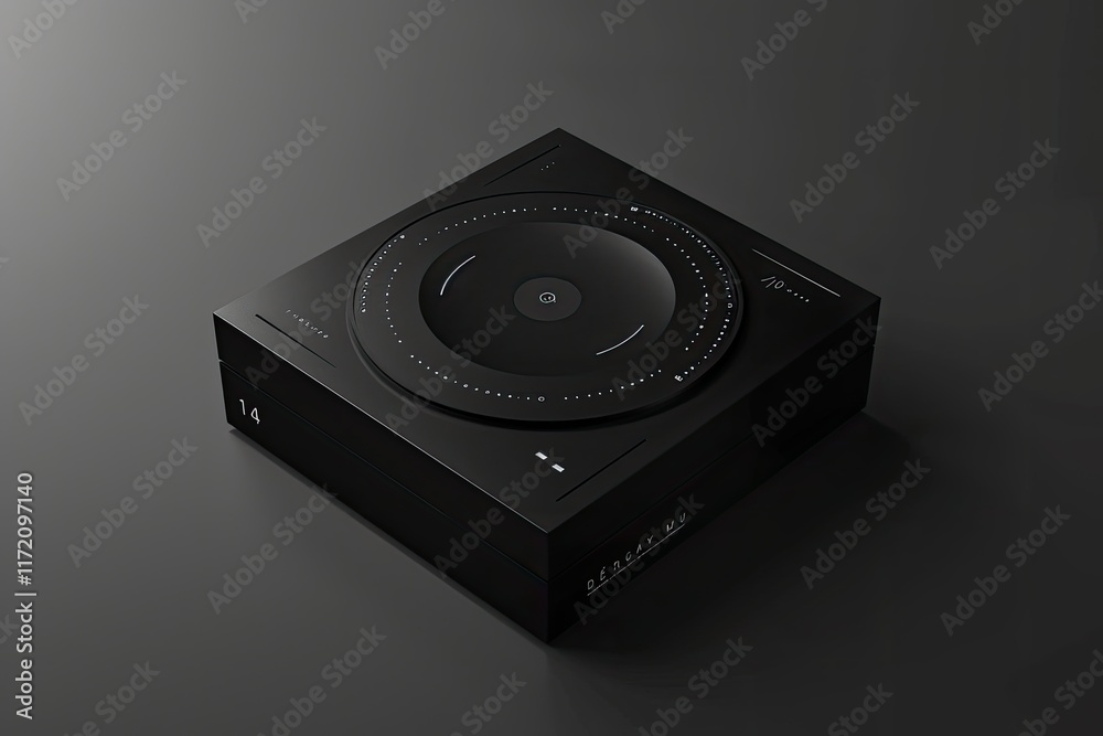 A sleek black device with a circular interface, likely for audio or data processing. A sleek black device with a circular interface, likely for audio or data processing.