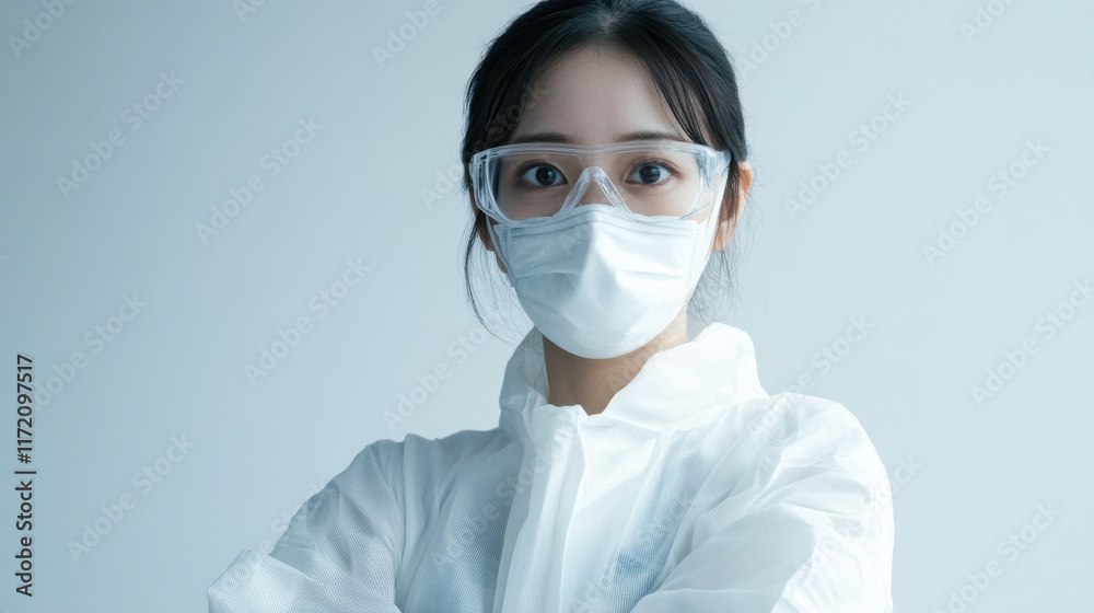 woman in protective gear and goggles stands confidently, showcasing safety in clean environment. Her attire emphasizes importance of health and safety protocols woman in protective gear and goggles stands confidently, showcasing safety in clean environment. Her attire emphasizes importance of health and safety protocols