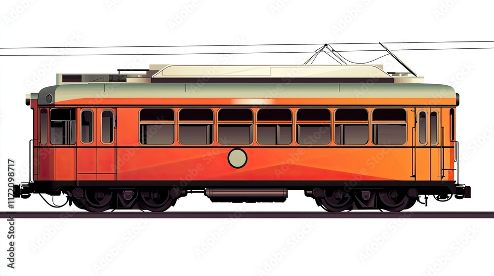 A stylized illustration of an orange tram, showcasing its side view and design details. A stylized illustration of an orange tram, showcasing its side view and design details.