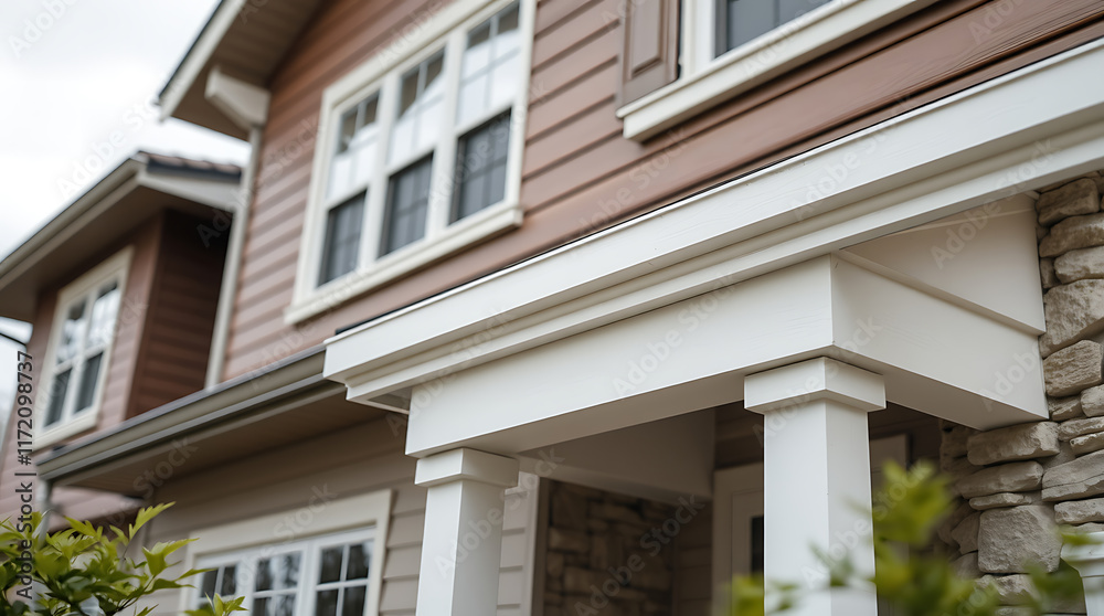 Fototapeta premium Close-up view of a house exterior featuring brown siding, white trim, and a stone accent wall. Large windows with white frames are visible, along with a prominent white portico supported by pillars.