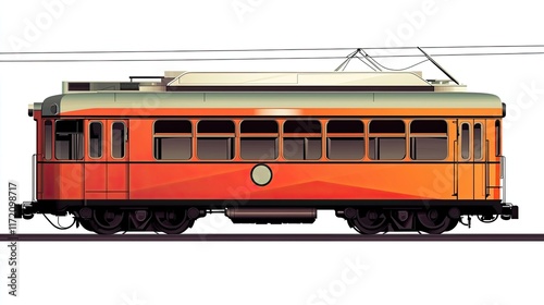 A stylized illustration of an orange tram, showcasing its side view and design details.
