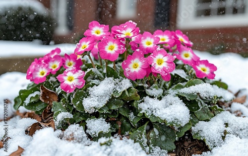 Pink primroses blooming in the snow. photo