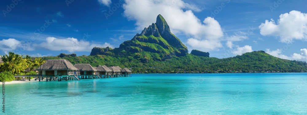 Fototapeta premium A stunning capture of the remote island of Bora Bora, with turquoise lagoons and overwater bungalows against a backdrop of Mount Otemanu, Bora Bora scene