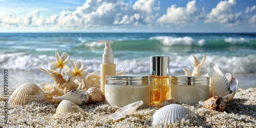 Elegant Collagen Skincare Products Arranged on Serene Beach