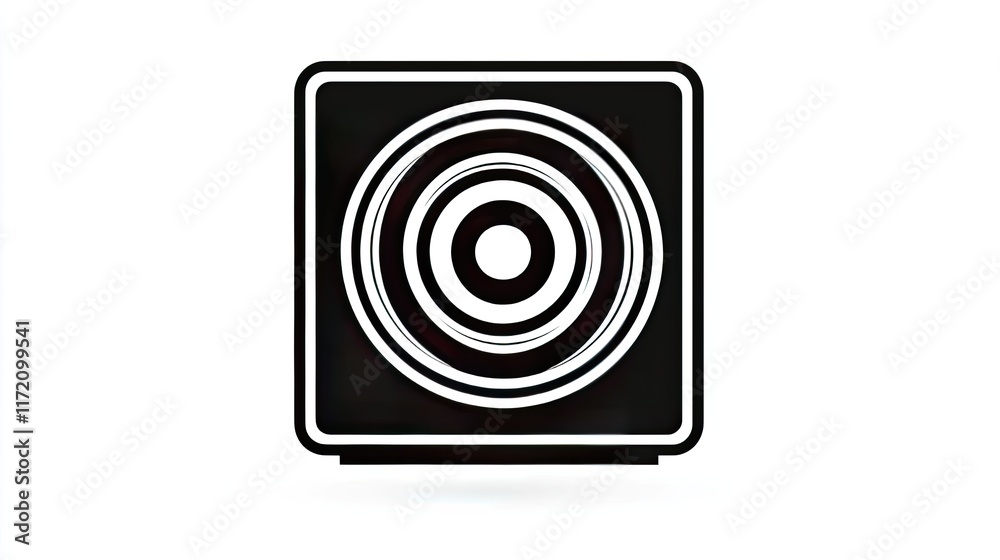 A minimalist black and white illustration of a speaker or subwoofer design. A minimalist black and white illustration of a speaker or subwoofer design.