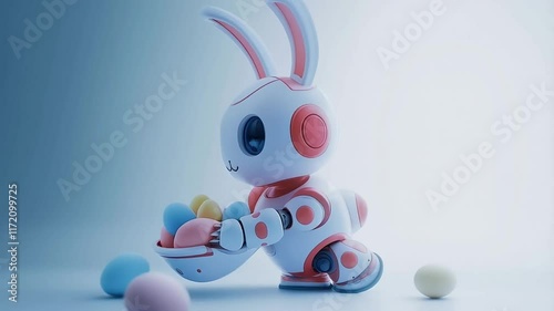 easter robot bunny holding a basked of eggs of various pastel colors, easter, eggs, holiday, spring