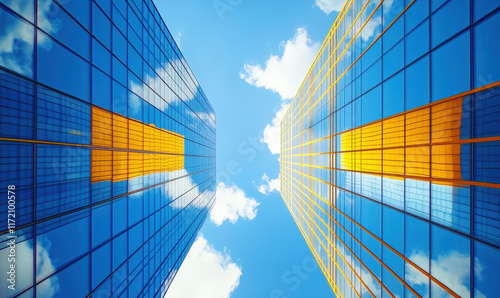 Looking up at the clouds reflecting the modern curtain wall glass architecture