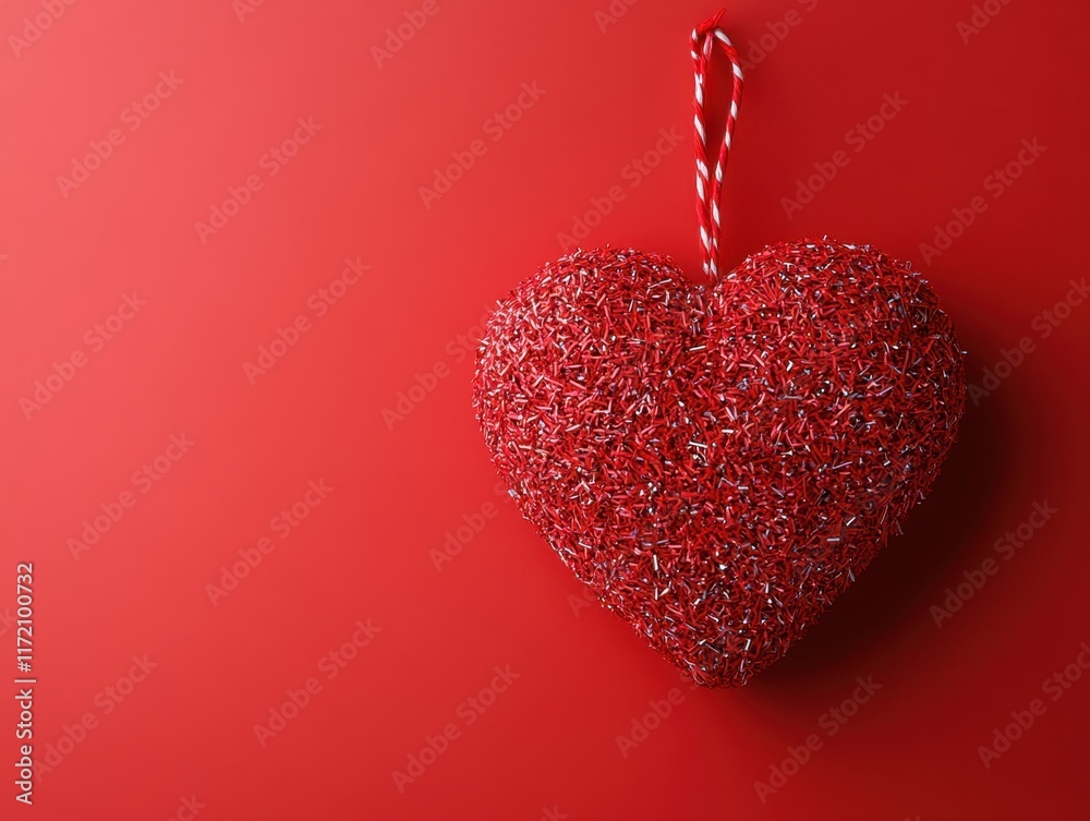 Obraz premium A vibrant red background showcases a giraffe-shaped heart decoration alongside a festive candy cane, embodying the spirit of Valentine's Day.
