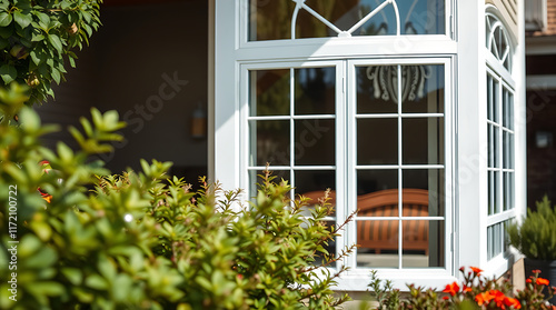 A bay window with multiple panes of glass is the central focus, partially obscured by green foliage. The window is white framed and reflects some interior furnishings.  Flowers are visible at the base