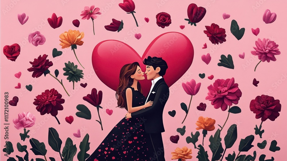 Fototapeta premium A couple stands together before a large heart adorned with vibrant flowers, symbolizing love and romance on Valentine's Day.
