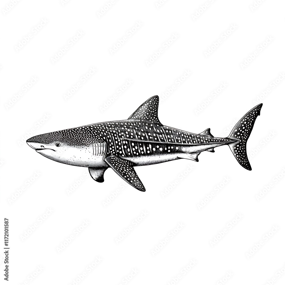 Intricate Black and White Illustration of a Whale Shark Swimming in Profile. Intricate Black and White Illustration of a Whale Shark Swimming in Profile.