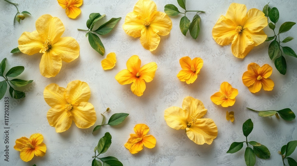 Fototapeta premium Vibrant Yellow Flowers on Light Gray Background for Nature Themes
