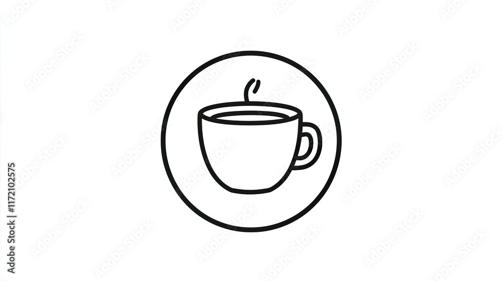A simple line drawing of a steaming coffee cup within a circular outline. A simple line drawing of a steaming coffee cup within a circular outline.