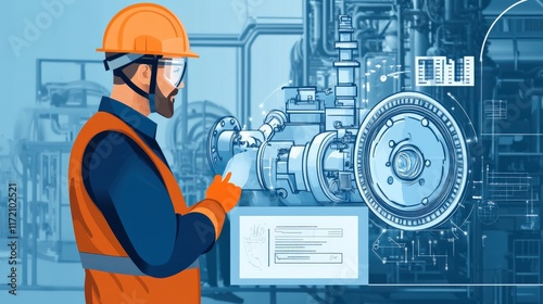 An illustration of a mechanical engineer in safety gear inspecting a complex machine.