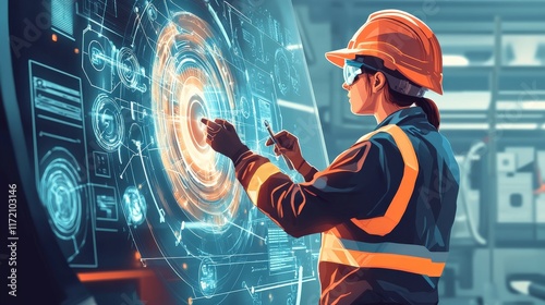 An illustration of a mechanical engineer in safety gear inspecting a complex machine.