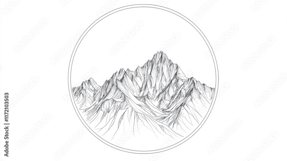 A minimalist line drawing of mountains within a circular frame, emphasizing nature's beauty. A minimalist line drawing of mountains within a circular frame, emphasizing nature's beauty.