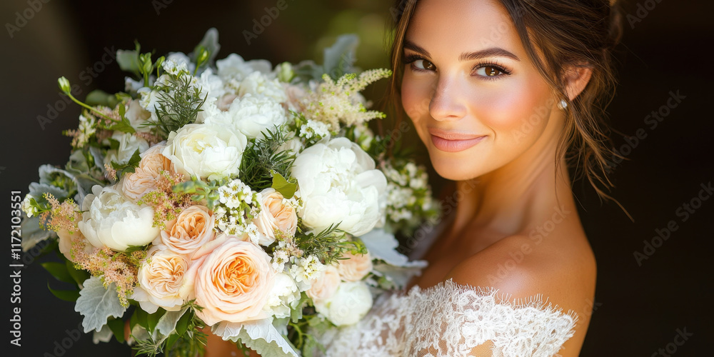 Obraz premium This photograph captures close up of bride holding beautiful bouquet of white and peach flowers, radiating joy and elegance. soft lighting enhances her natural beauty