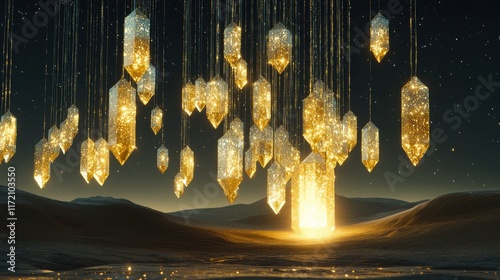 Fototapeta Naklejka Na Ścianę i Meble -  A mystical desert glowing with radiant dunes that ripple like molten gold. At the horizon, a glowing portal surrounded by floating crystals radiates soft, magical energy into the twilight sky. 