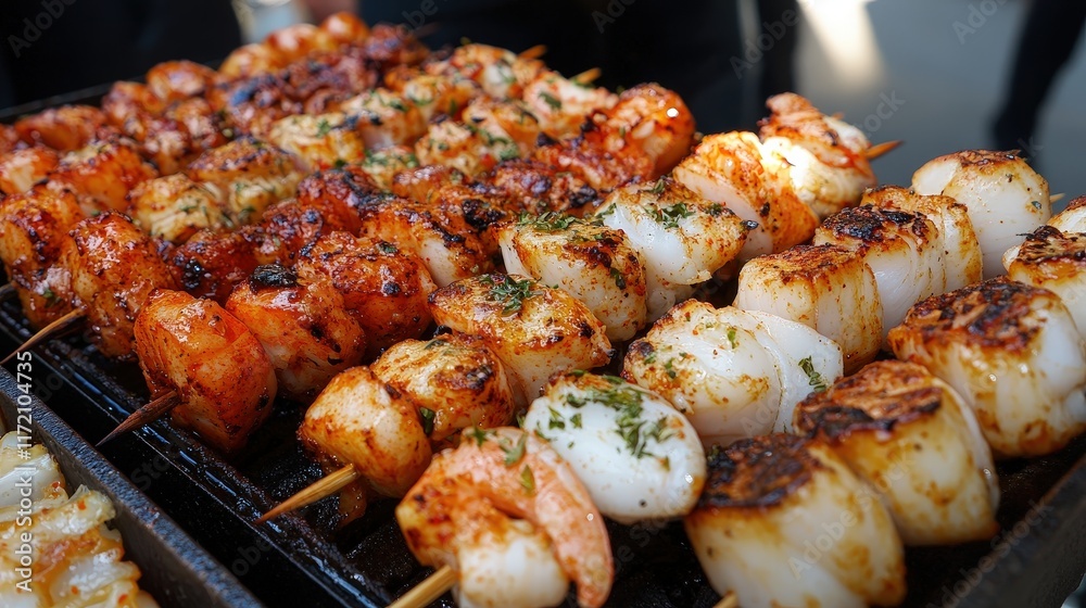 Grilling seafood skewers at a beach barbecue party outdoor cooking event summer gathering festive atmosphere