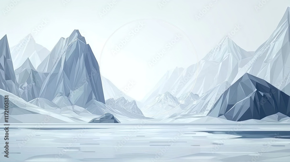 A serene, low-poly winter landscape featuring mountains and a calm icy lake. A serene, low-poly winter landscape featuring mountains and a calm icy lake.