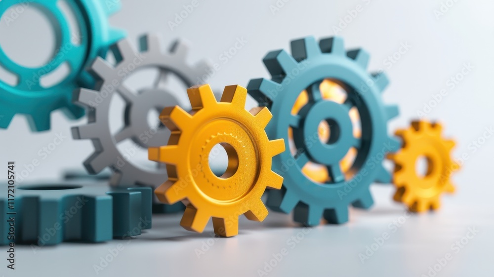 Colorful gears arranged in a row, showcasing different sizes and shades, symbolizing mechanics and teamwork in a vibrant, modern design. Colorful gears arranged in a row, showcasing different sizes and shades, symbolizing mechanics and teamwork in a vibrant, modern design.