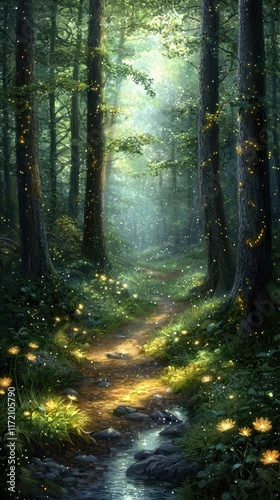 A serene enchanted forest bathed in bioluminescent light from glowing trees and radiant flowers. Ethereal creatures roam the forest floor, and a crystal-clear spring reflects the magical surroundings. photo